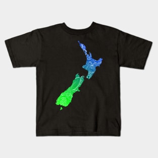 Colorful mandala art map of New Zealand with text in blue and green Kids T-Shirt